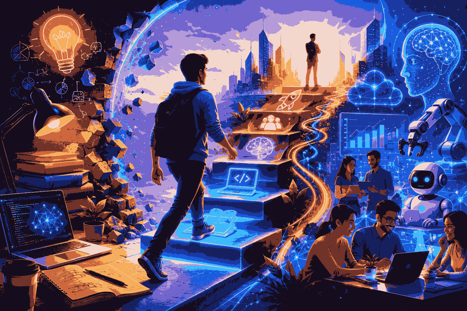 Career journey into artificial intelligence through learning, skills, innovation, and growth Illustration