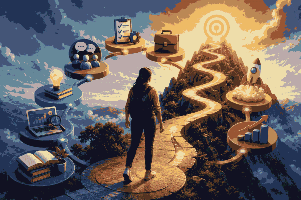 Career path to product management through learning, skills, experience, and growth Illustration