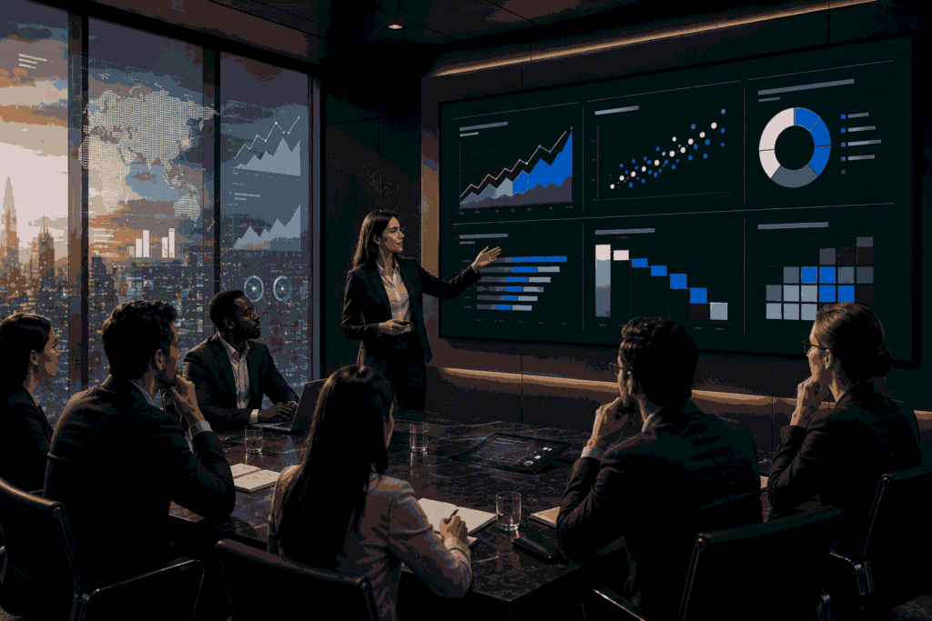 Consulting team reviewing data-driven business strategy in an executive boardroom