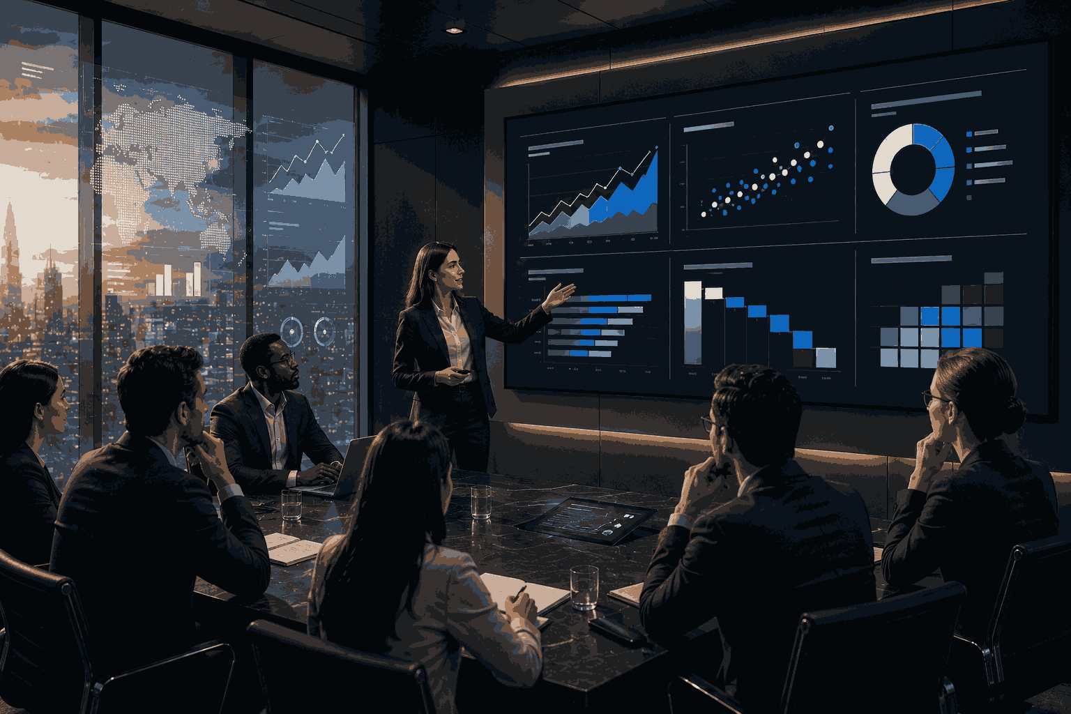 Consulting team reviewing data-driven business strategy in an executive boardroom