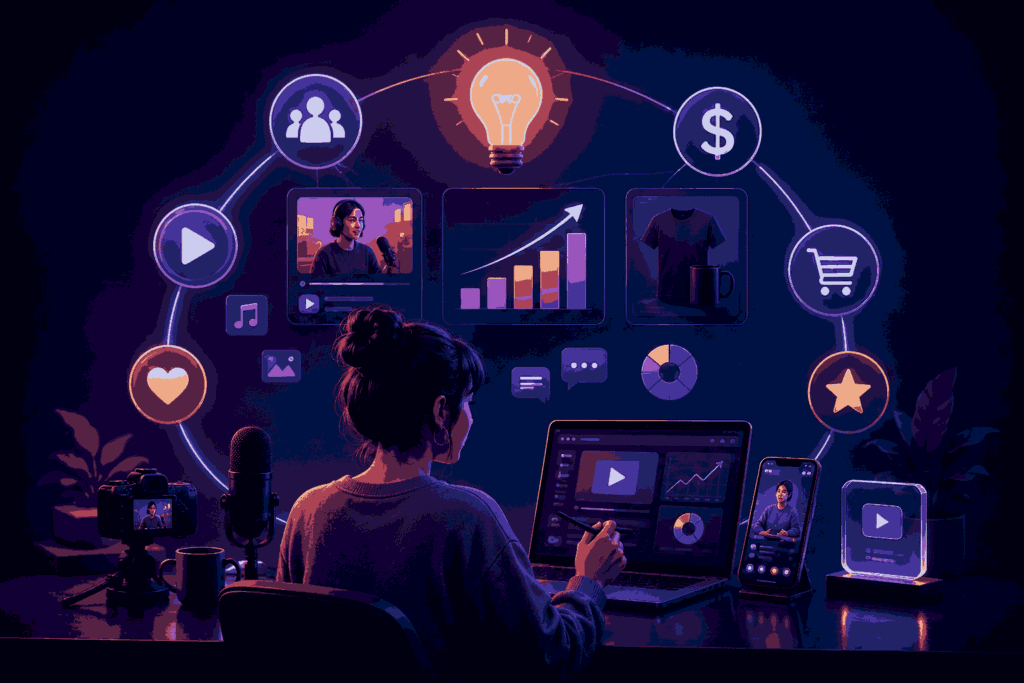 Creator economy ecosystem showcasing content creation, audience growth, and digital monetization Illustration