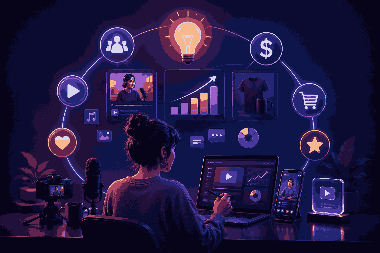 Creator economy ecosystem showcasing content creation, audience growth, and digital monetization Illustration