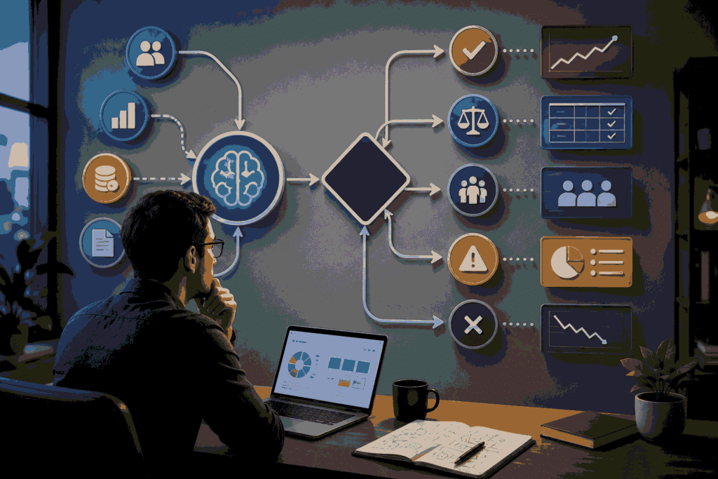 Decision-making framework visualization with strategic analysis and outcome pathways