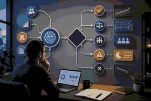 Decision-making framework visualization with strategic analysis and outcome pathways