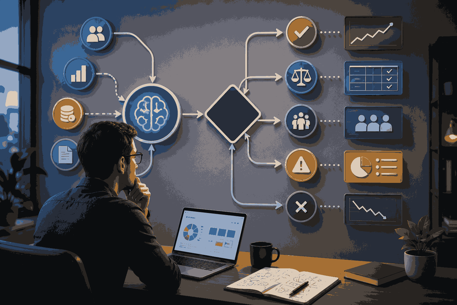Decision-making framework visualization with strategic analysis and outcome pathways
