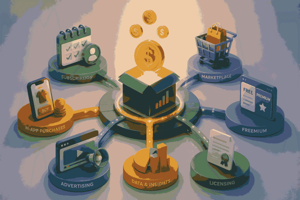Digital product monetization ecosystem with multiple revenue streams and growth channels