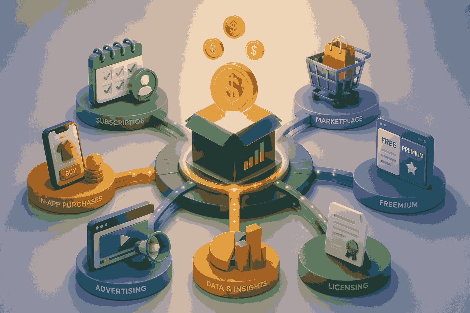 Digital product monetization ecosystem with multiple revenue streams and growth channels