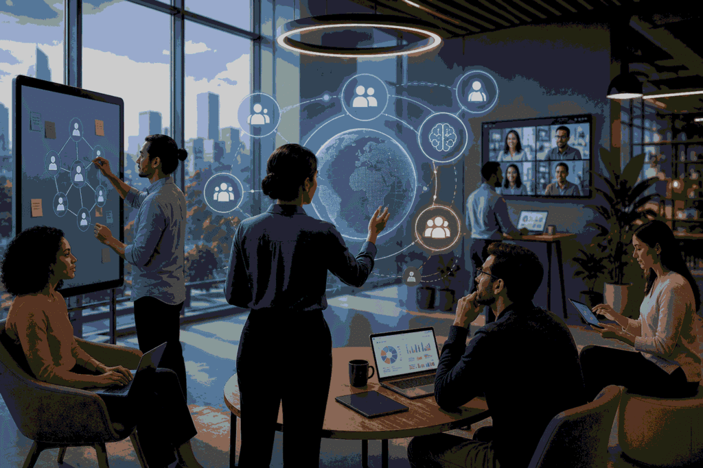 Future-ready organization with hybrid teams, digital collaboration, and adaptive structures Illustration