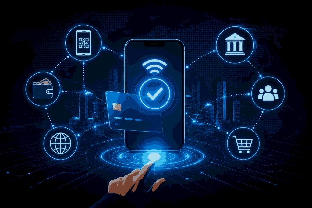 Futuristic digital payment ecosystem with mobile wallet and connected financial networks Illustration