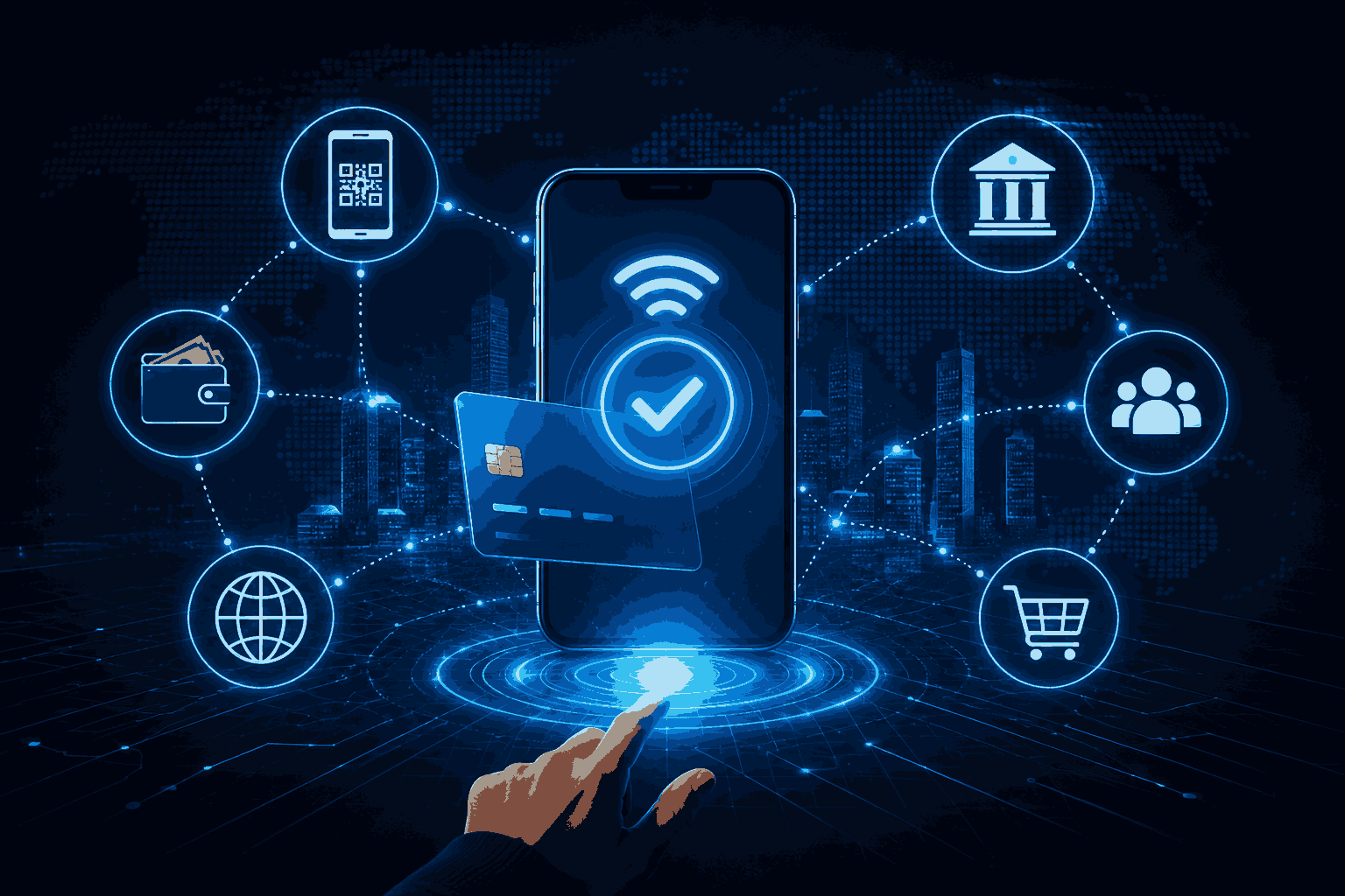 Futuristic digital payment ecosystem with mobile wallet and connected financial networks Illustration