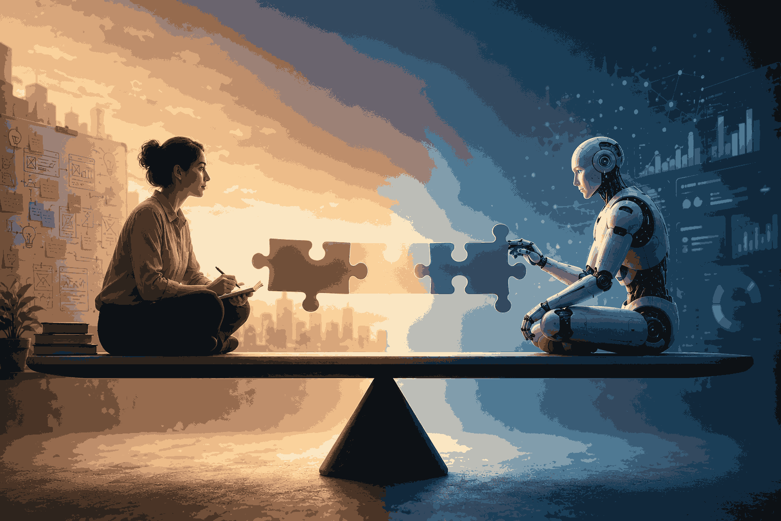 Human and AI balancing product strategy and collaborative innovation Illustration