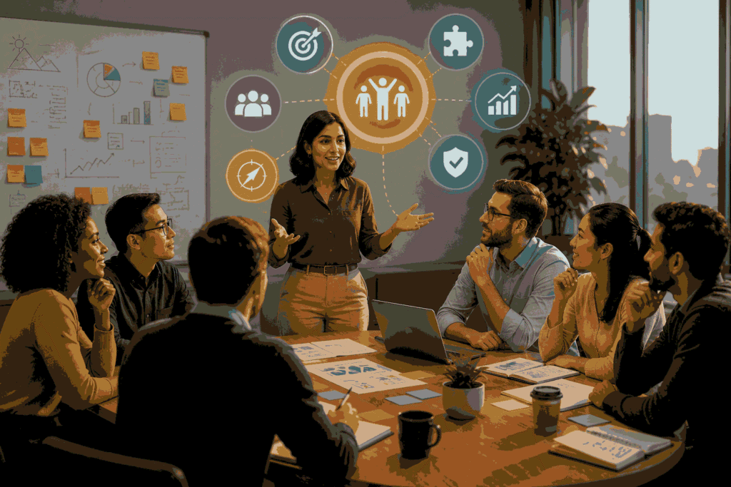 Leader aligning diverse teams around shared goals, strategy, and execution