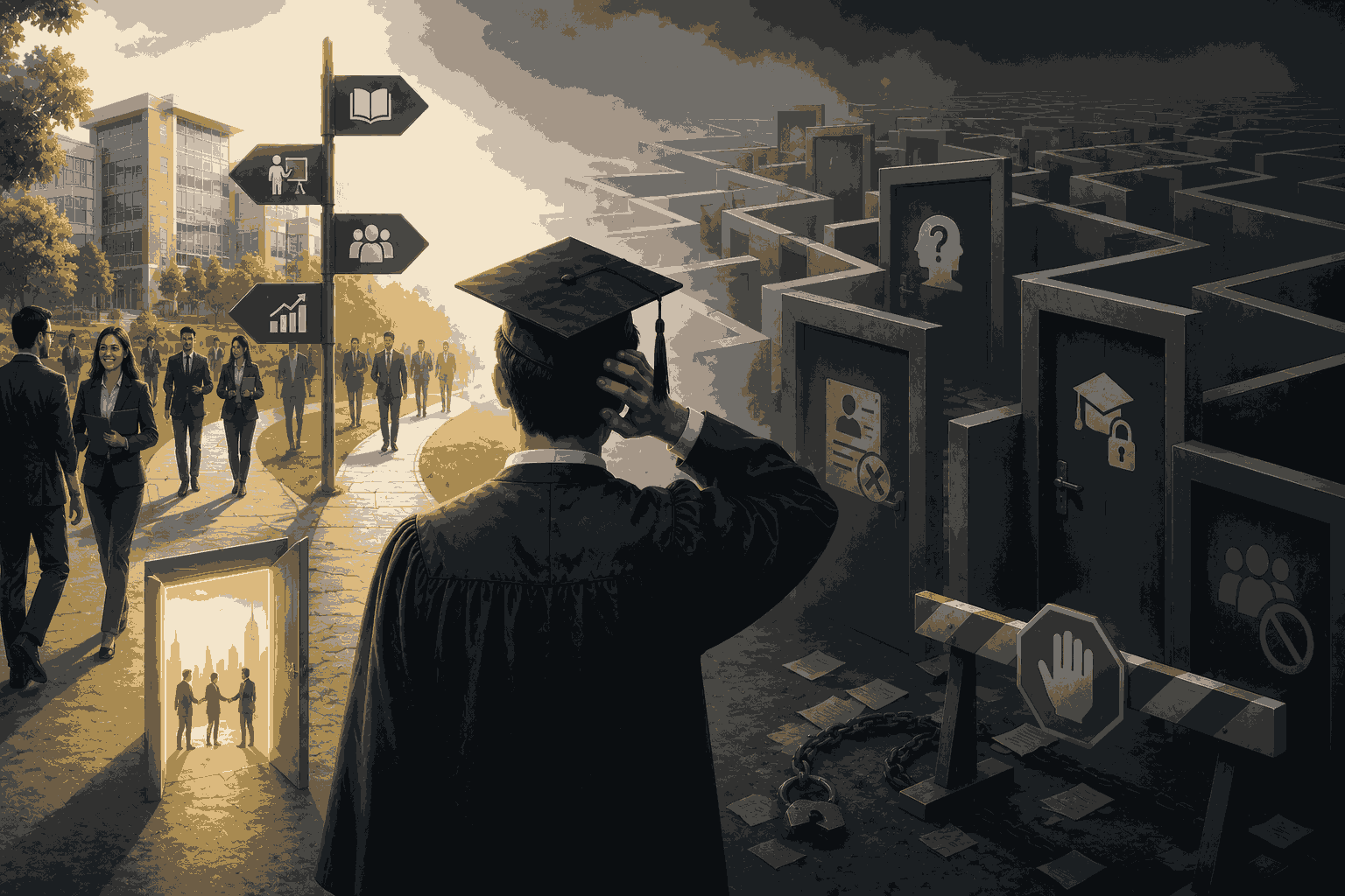 MBA graduate facing employability challenges in a competitive job market Illustration
