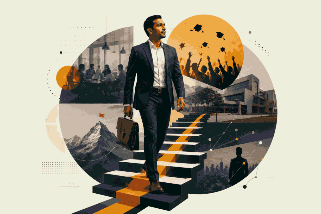 Mid-career professional advancing through education, leadership growth, and career transformation Illustration