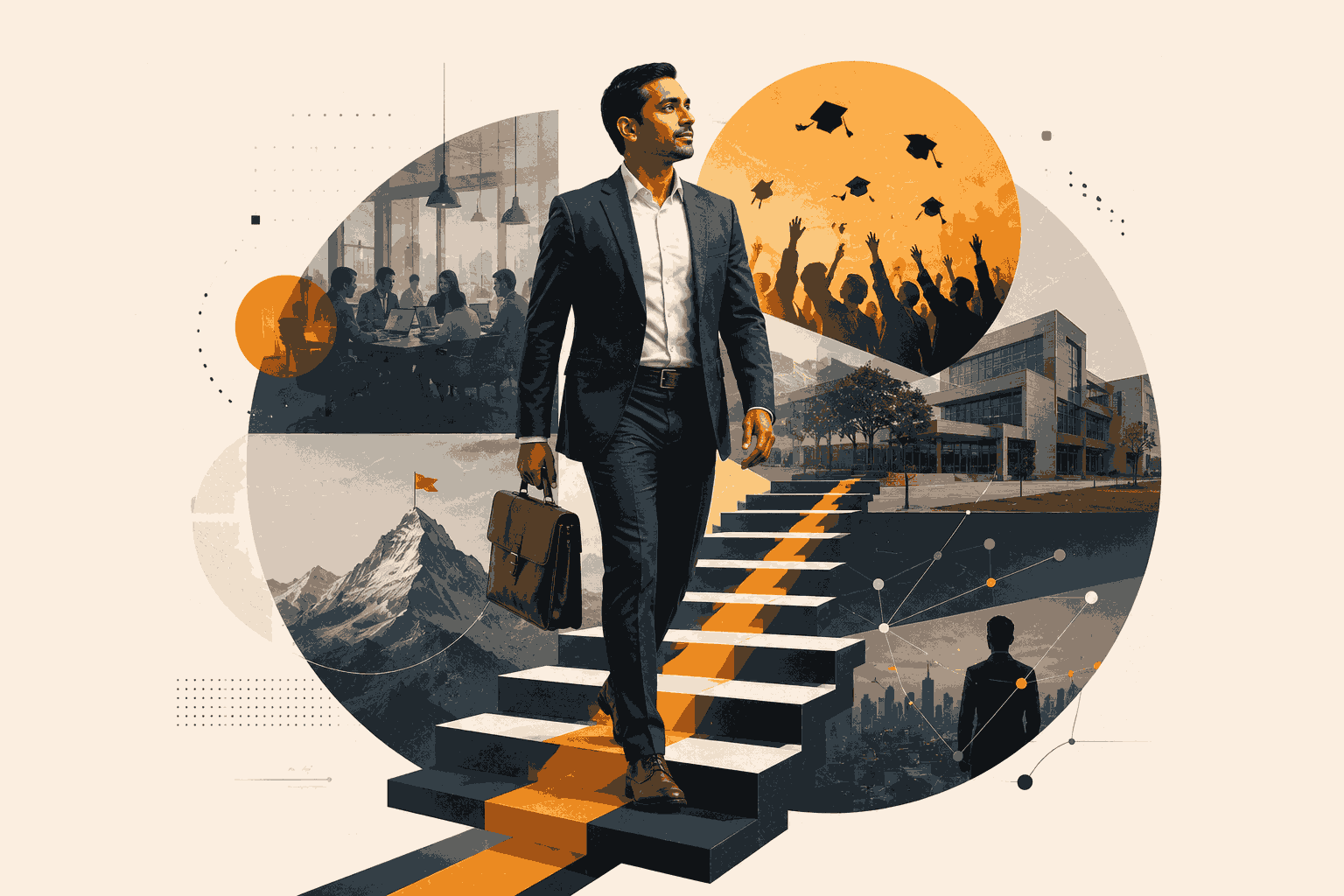 Mid-career professional advancing through education, leadership growth, and career transformation Illustration