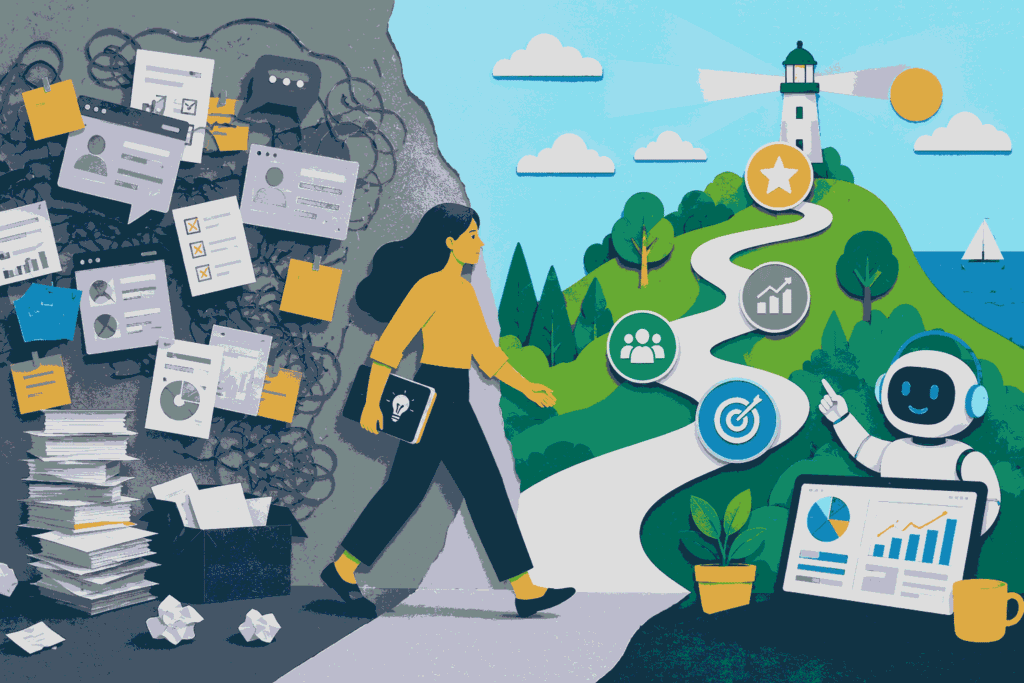 Paper-cut illustration showing AI transforming product management from complexity to clarity