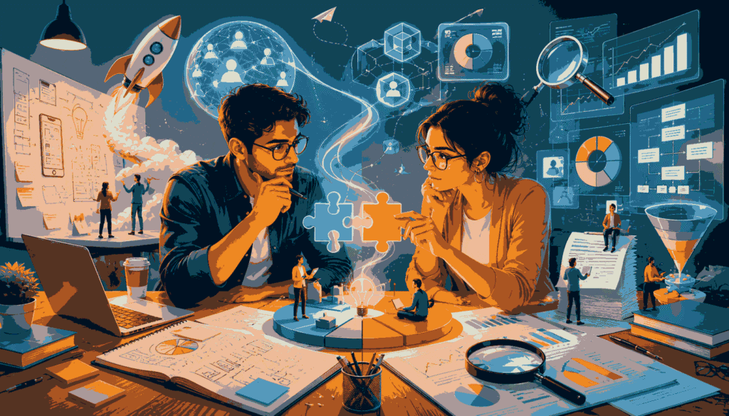 Product Manager and Business Analyst collaborating to bridge strategy, insights, and execution Illustration