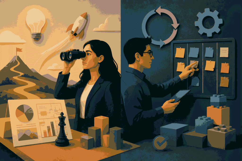 Product Manager and Product Owner balancing strategy, vision, execution, and delivery Illustration
