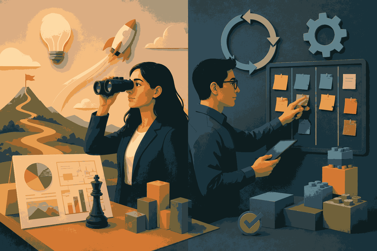 Product Manager and Product Owner balancing strategy, vision, execution, and delivery Illustration