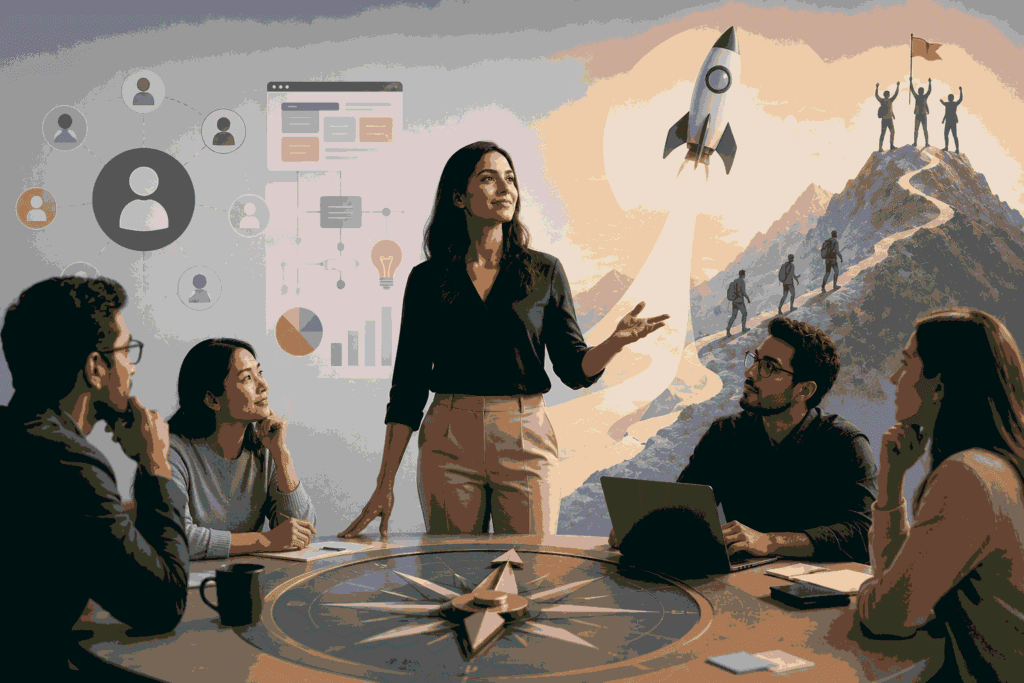 Product leader guiding teams, vision, strategy, and innovation toward business success Illustration