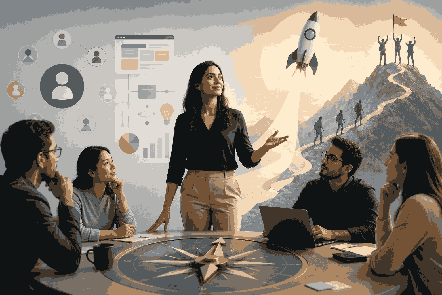 Product leader guiding teams, vision, strategy, and innovation toward business success Illustration