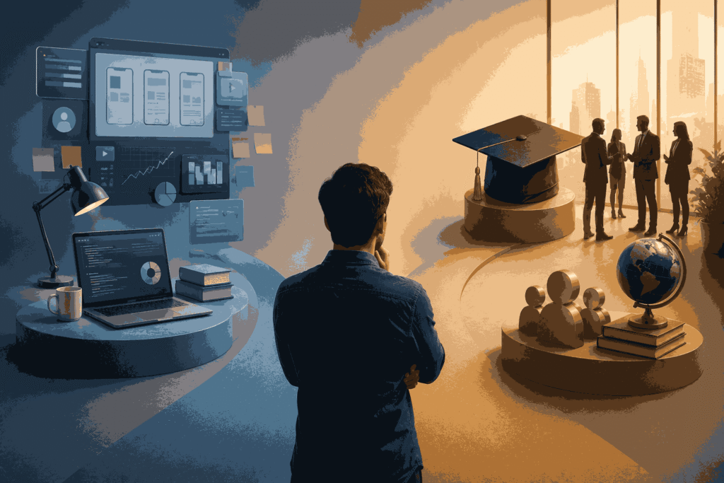 Product management certification and executive MBA pathways for career growth and leadership Illustration