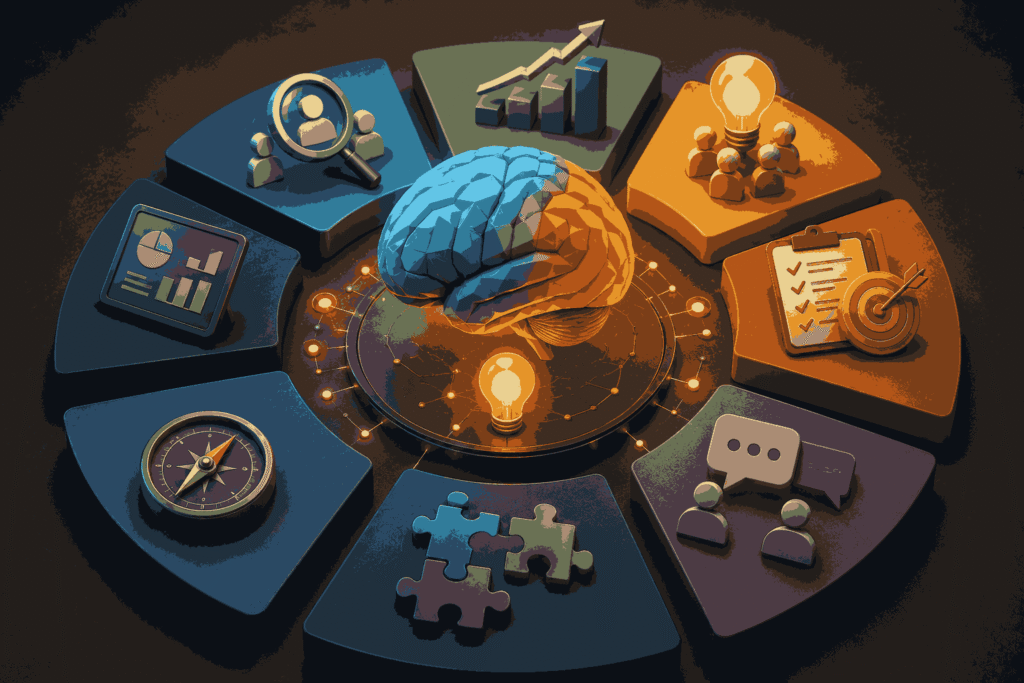 Product management skills including strategy, analytics, leadership, and collaboration Illustration