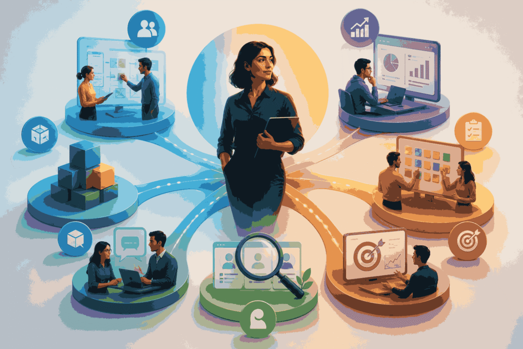 Product manager coordinating strategy, customer insights, execution, and cross-functional teams Illustration