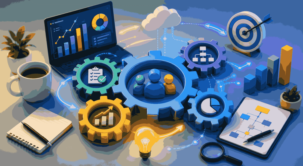 Product operations ecosystem connecting strategy, workflows, analytics, and cross-functional teams Illustration