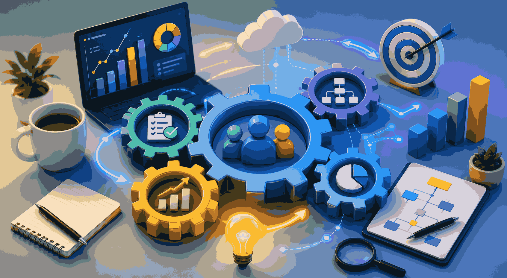 Product operations ecosystem connecting strategy, workflows, analytics, and cross-functional teams Illustration