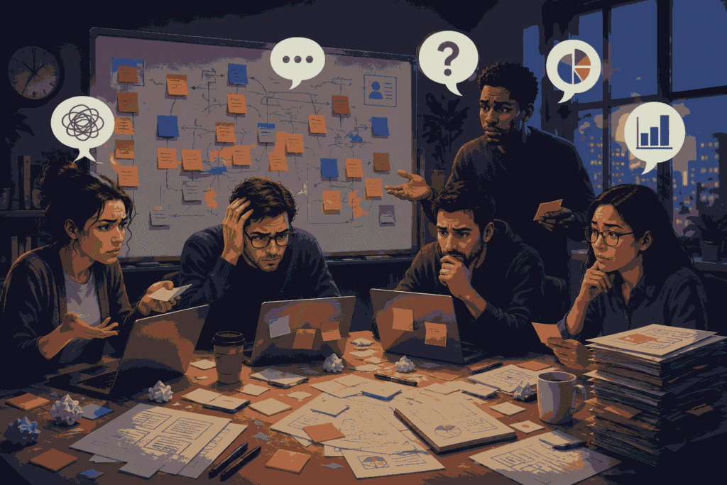 Product team overwhelmed by competing priorities, decisions, and roadmap complexity Illustration