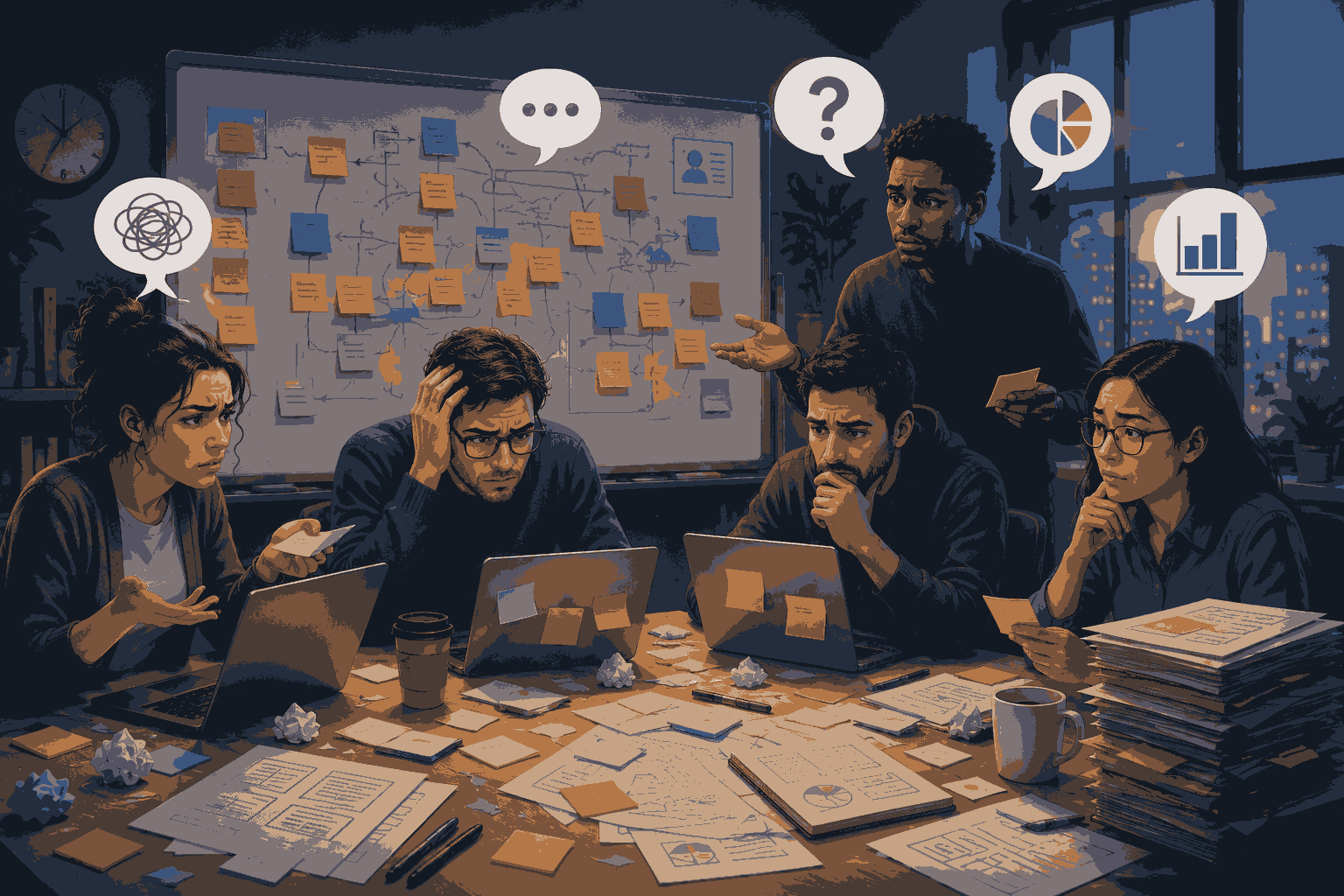 Product team overwhelmed by competing priorities, decisions, and roadmap complexity Illustration