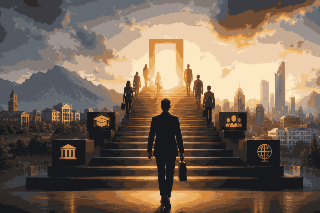 Professionals advancing toward executive MBA opportunities and leadership growth Illustration