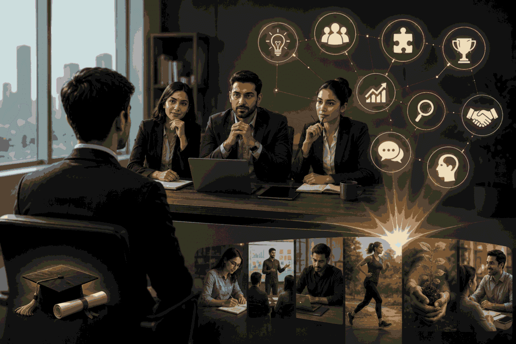 Recruiters evaluating skills, leadership and potential beyond MBA credentials Illustration