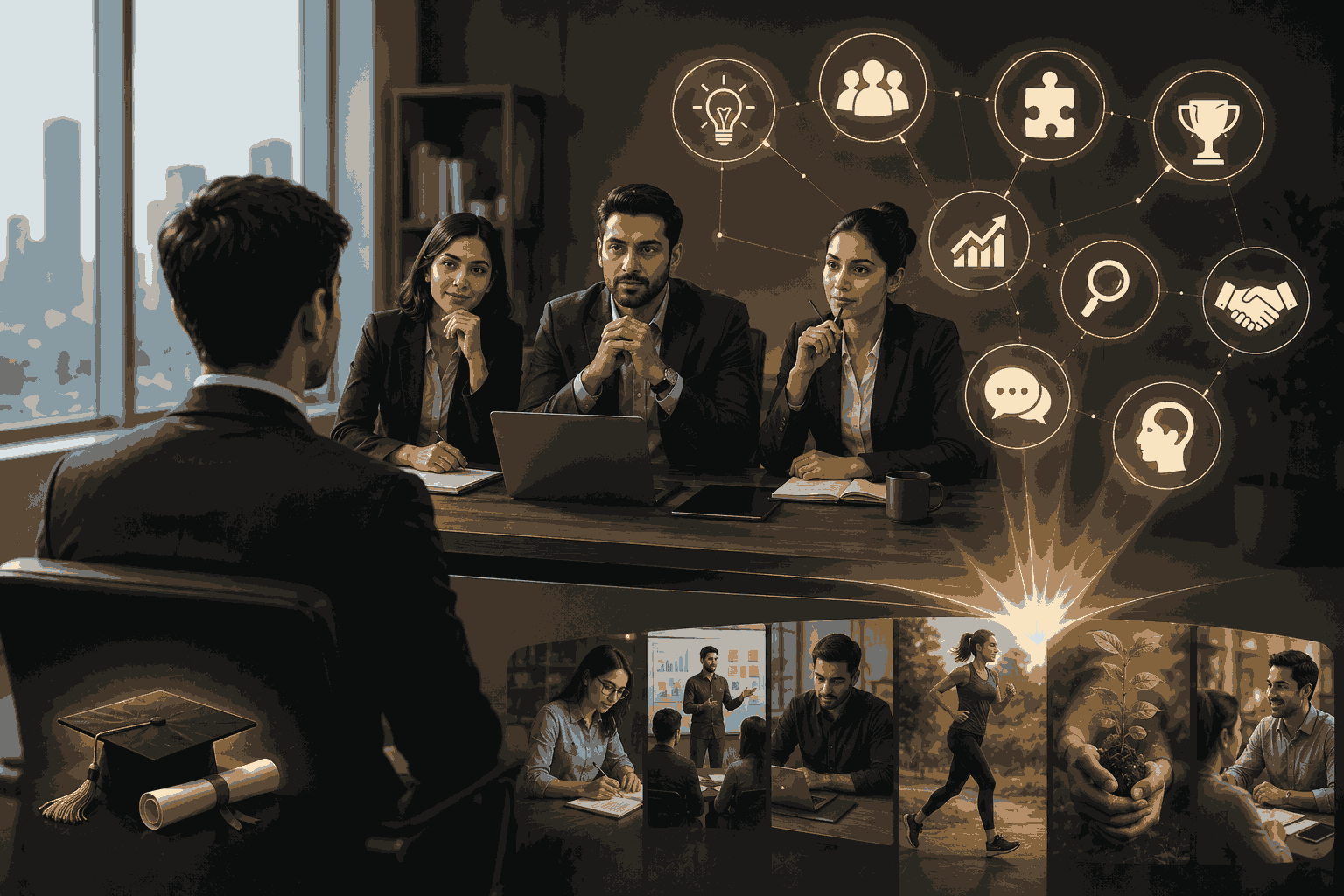 Recruiters evaluating skills, leadership and potential beyond MBA credentials Illustration