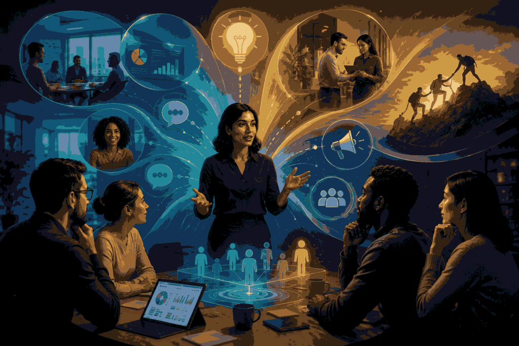 Strategic communication connecting vision, stakeholders, influence, and organizational alignment Illustration