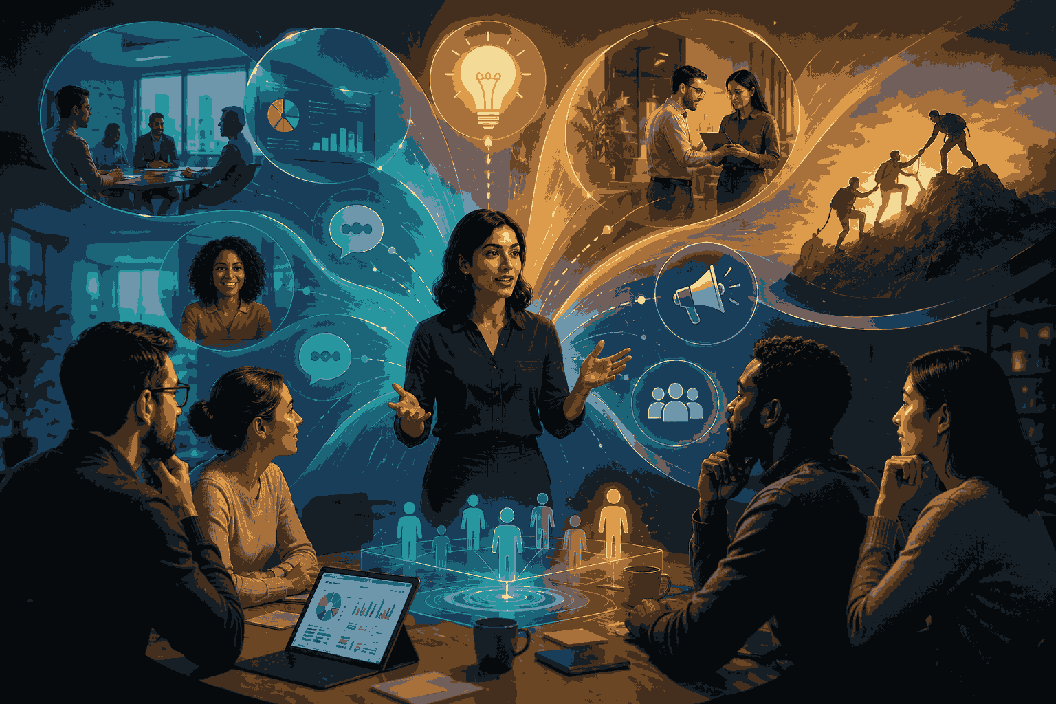 Strategic communication connecting vision, stakeholders, influence, and organizational alignment Illustration