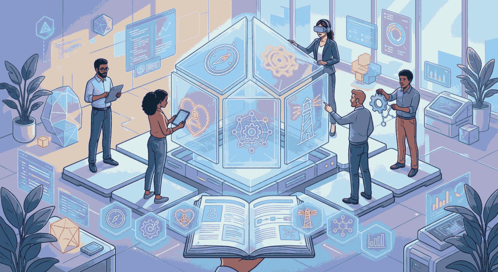 A diverse team builds a complex digital prototype with holographic UI elements