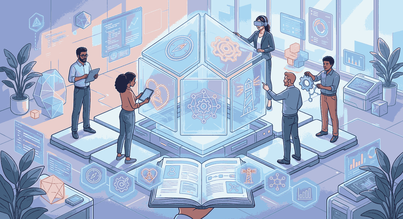 A diverse team builds a complex digital prototype with holographic UI elements