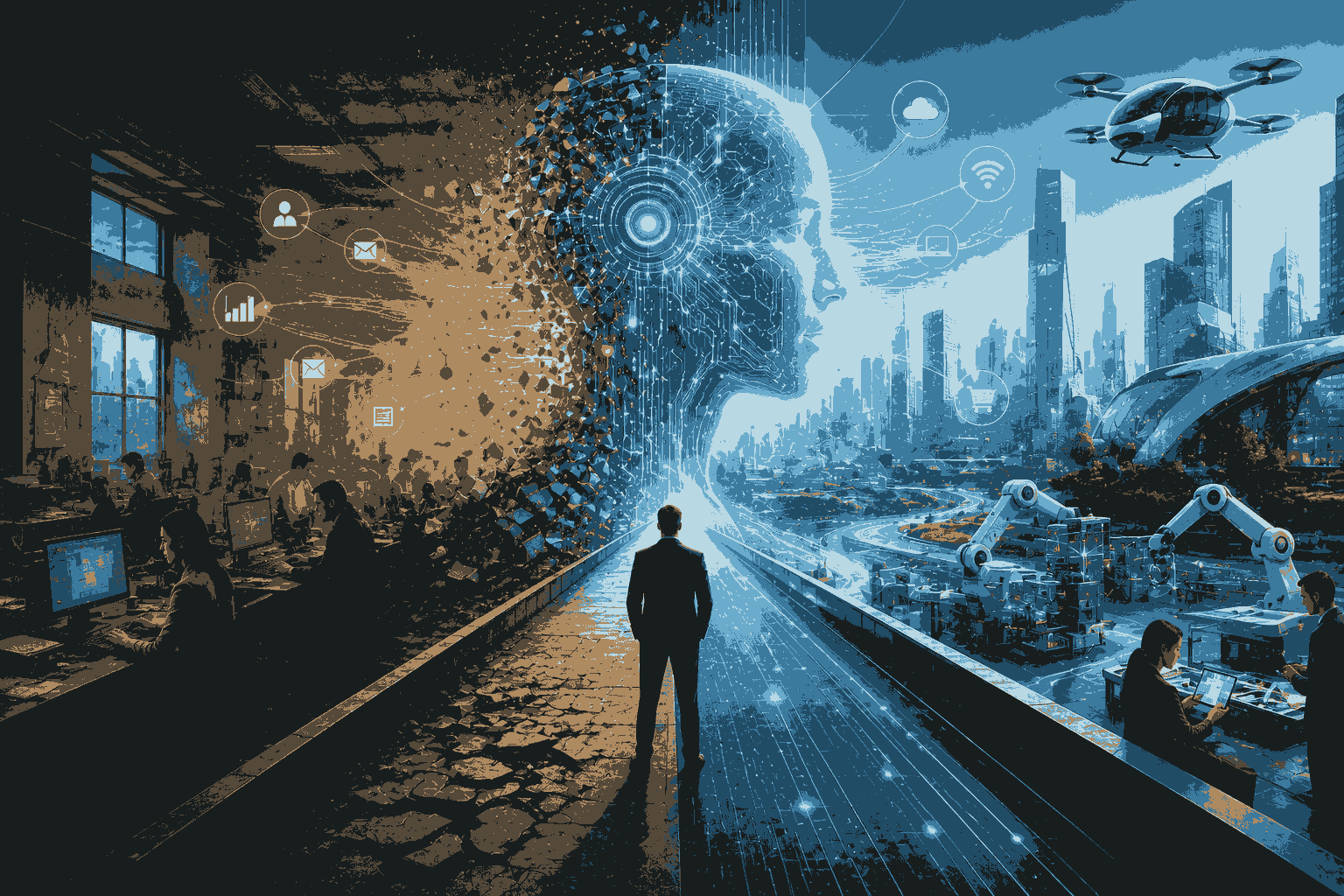AI-powered digital transformation connecting legacy systems with intelligent automation and innovation