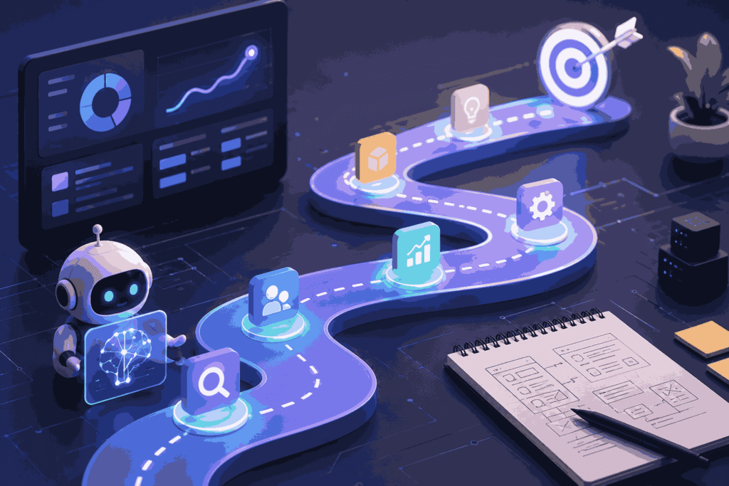 AI-powered product roadmap visualizing intelligent planning, priorities, and strategic execution