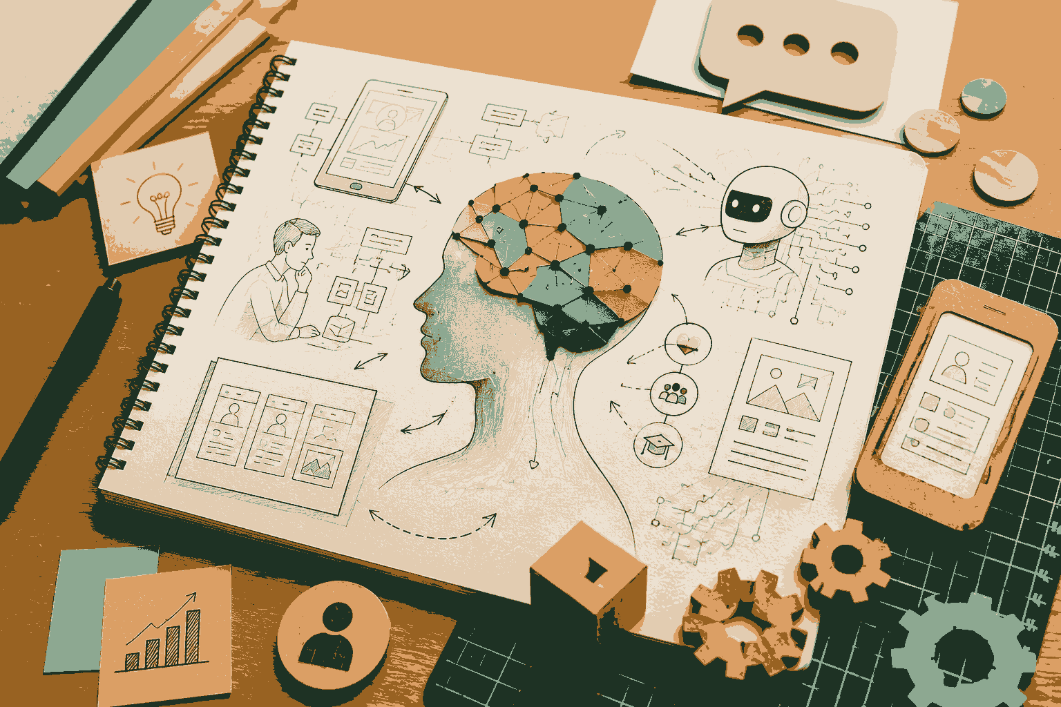 AI product design curriculum illustrated through sketches, prototyping, and creative workflows