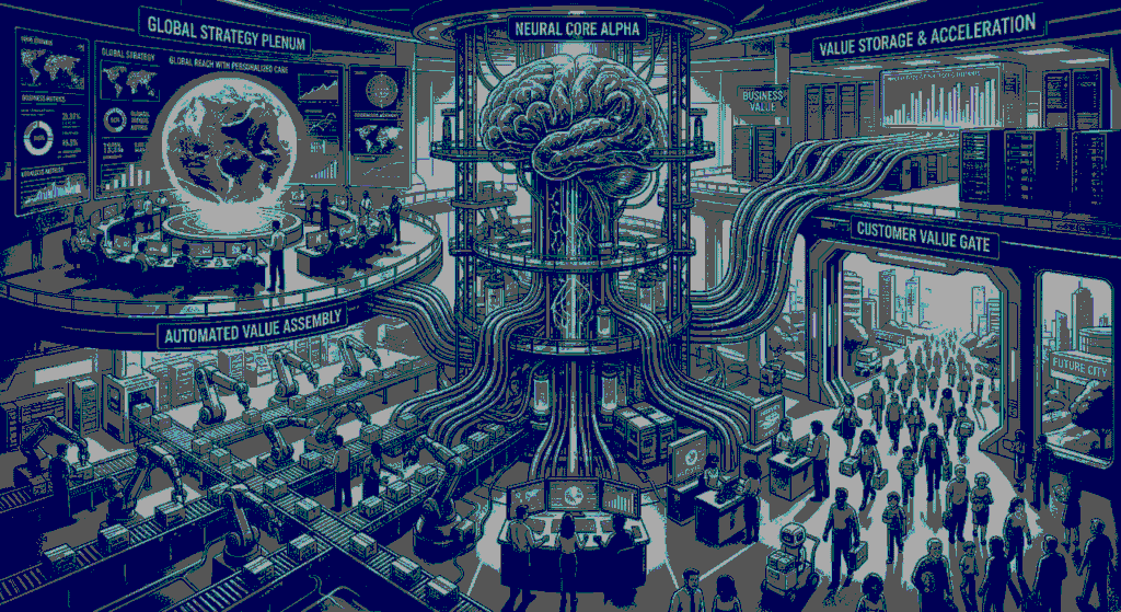 An illustrative diagram of an industrial center managed by a giant brain AI, connected to servers