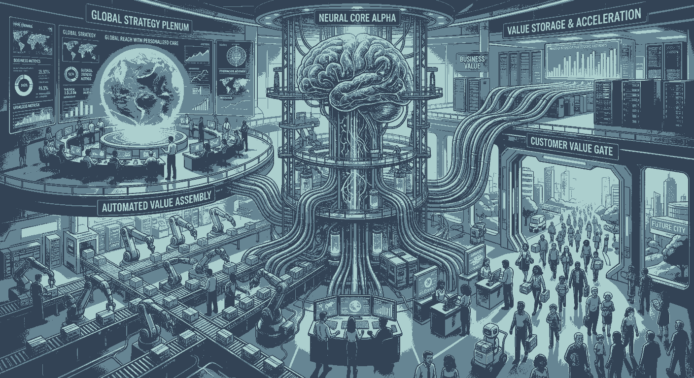 An illustrative diagram of an industrial center managed by a giant brain AI, connected to servers