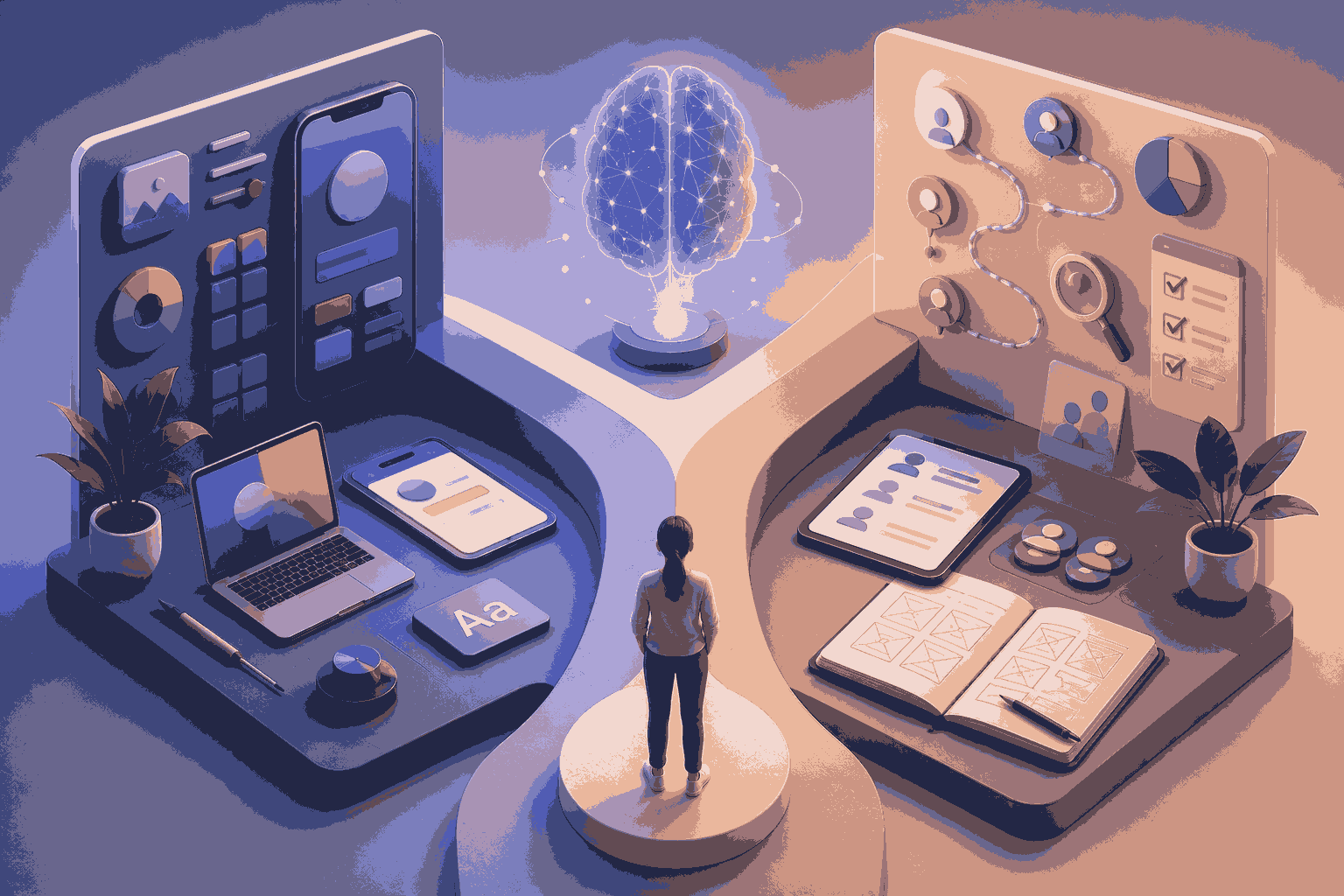 Comparison of AI UI and AI UX courses for aspiring product and design professionals Illustration