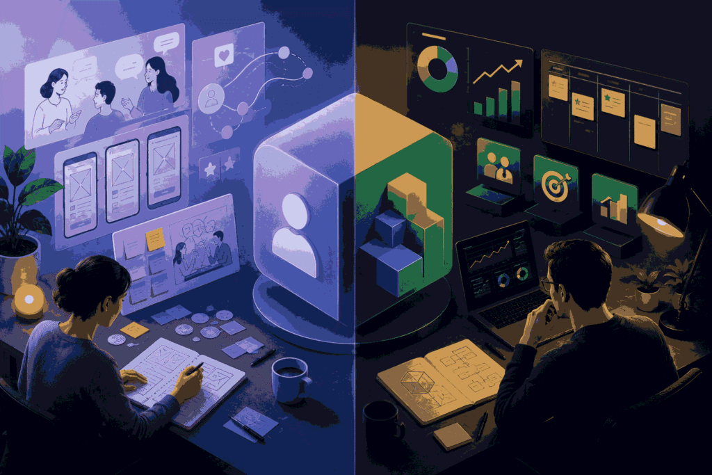 Conceptual comparison of UX design and product design through user and business perspectives