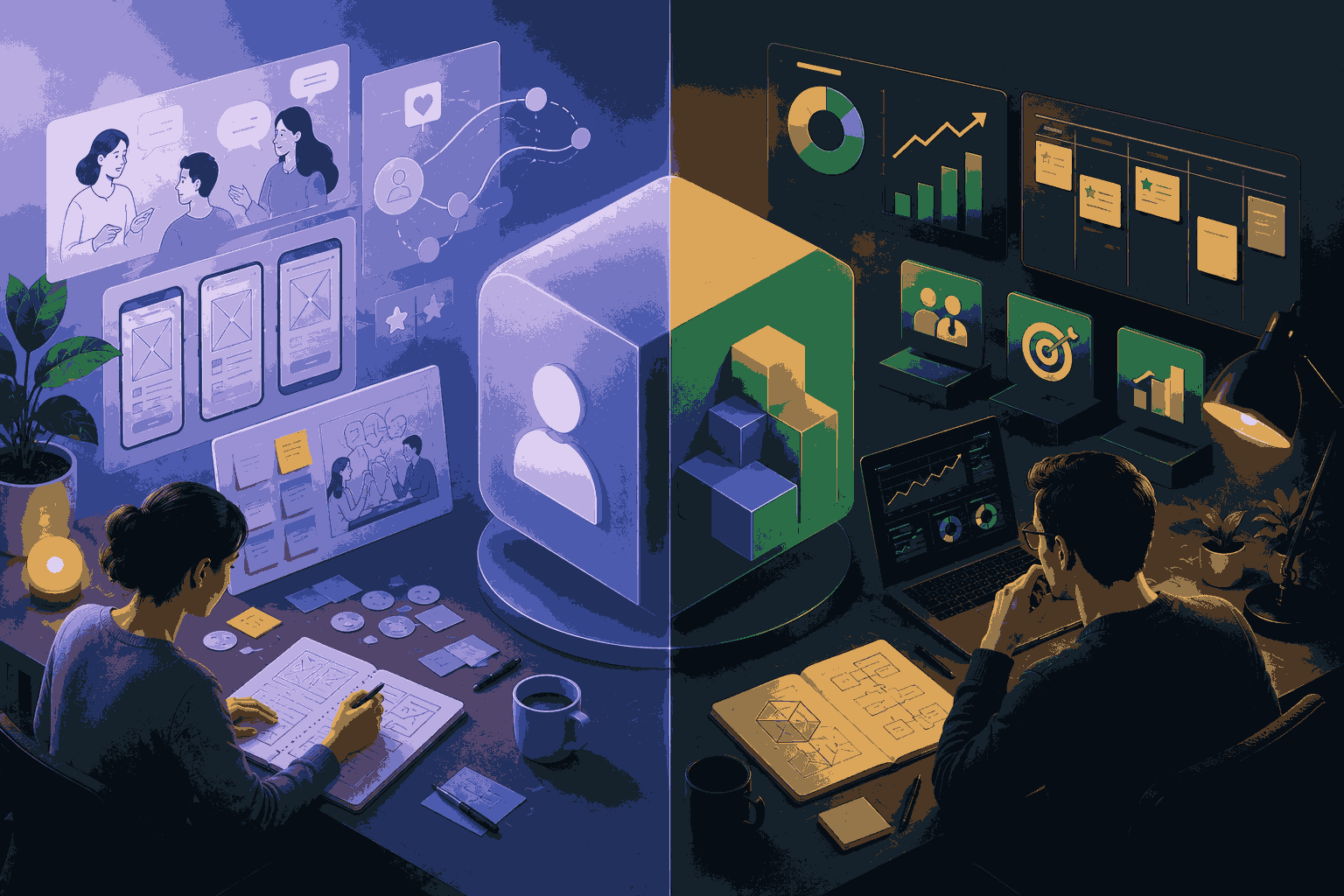 Conceptual comparison of UX design and product design through user and business perspectives