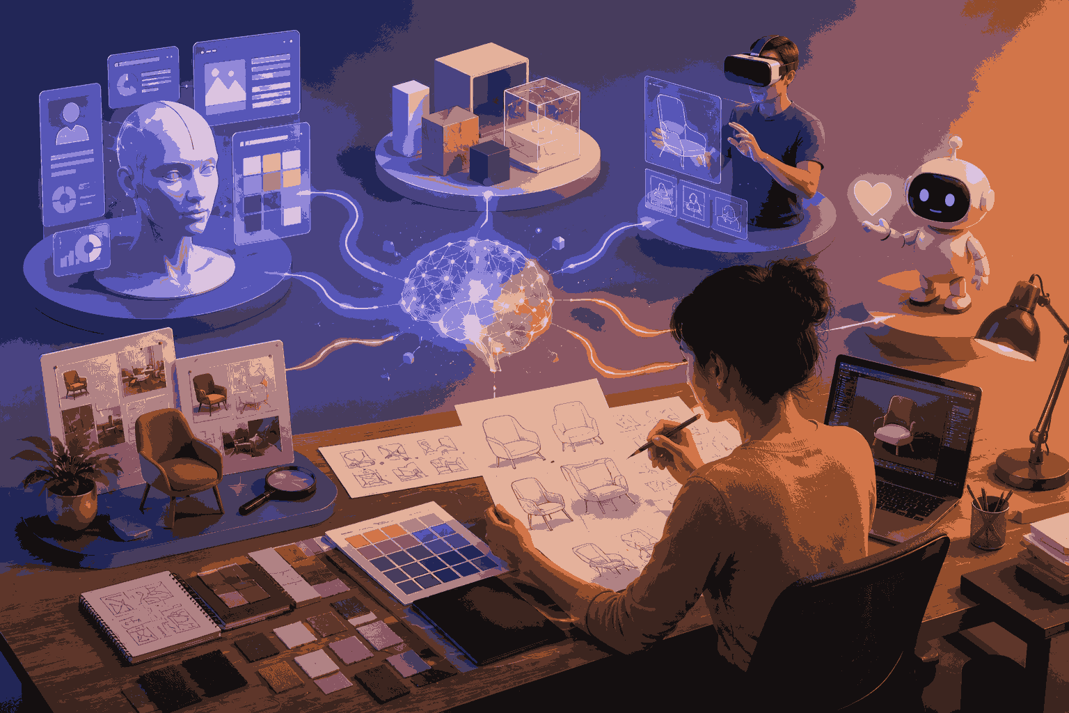 Creative workspace showcasing the skills needed for AI-powered product design and innovation