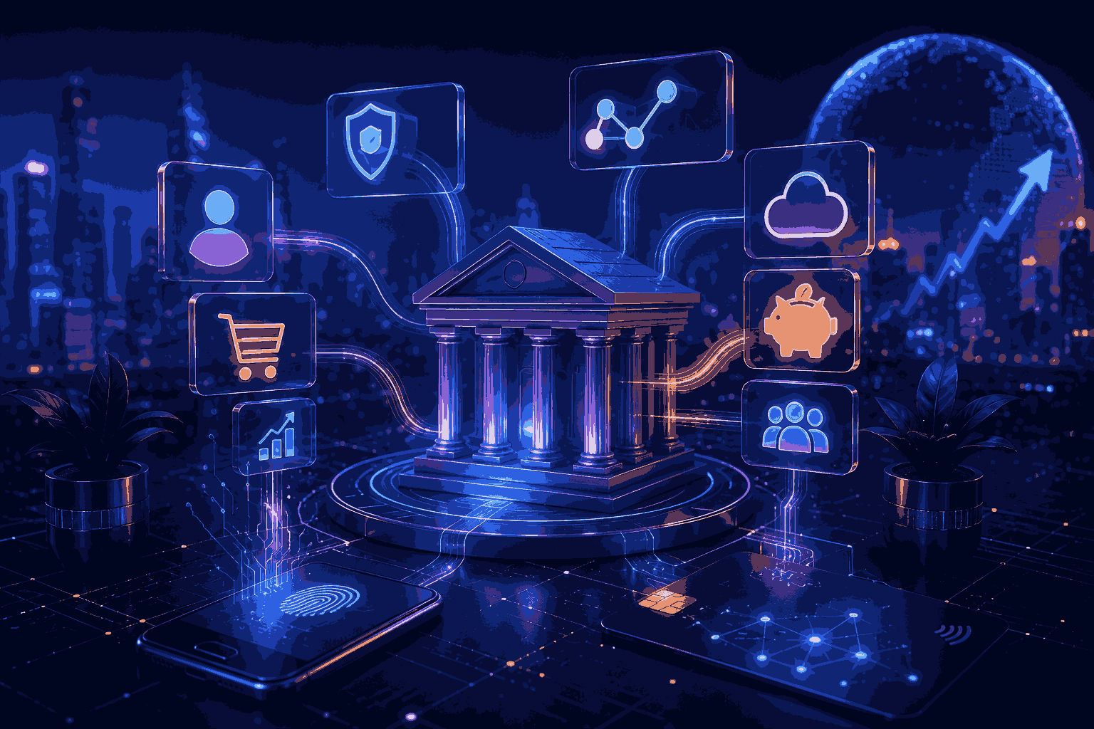 Futuristic digital banking ecosystem powered by AI, fintech innovation, and connected financial services