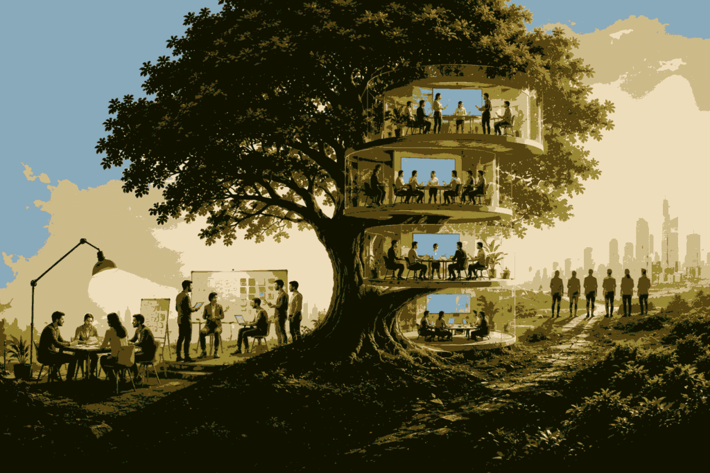 Illustration of product organizations evolving through collaboration, growth, and innovation